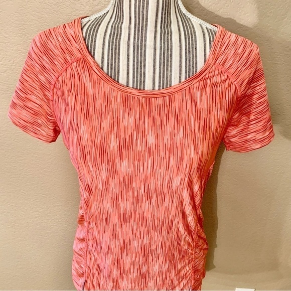 Velocity Athletic Top Large Coral Burgundy Grey Stripes Short-Sleeve Stretch - Picture 2 of 12